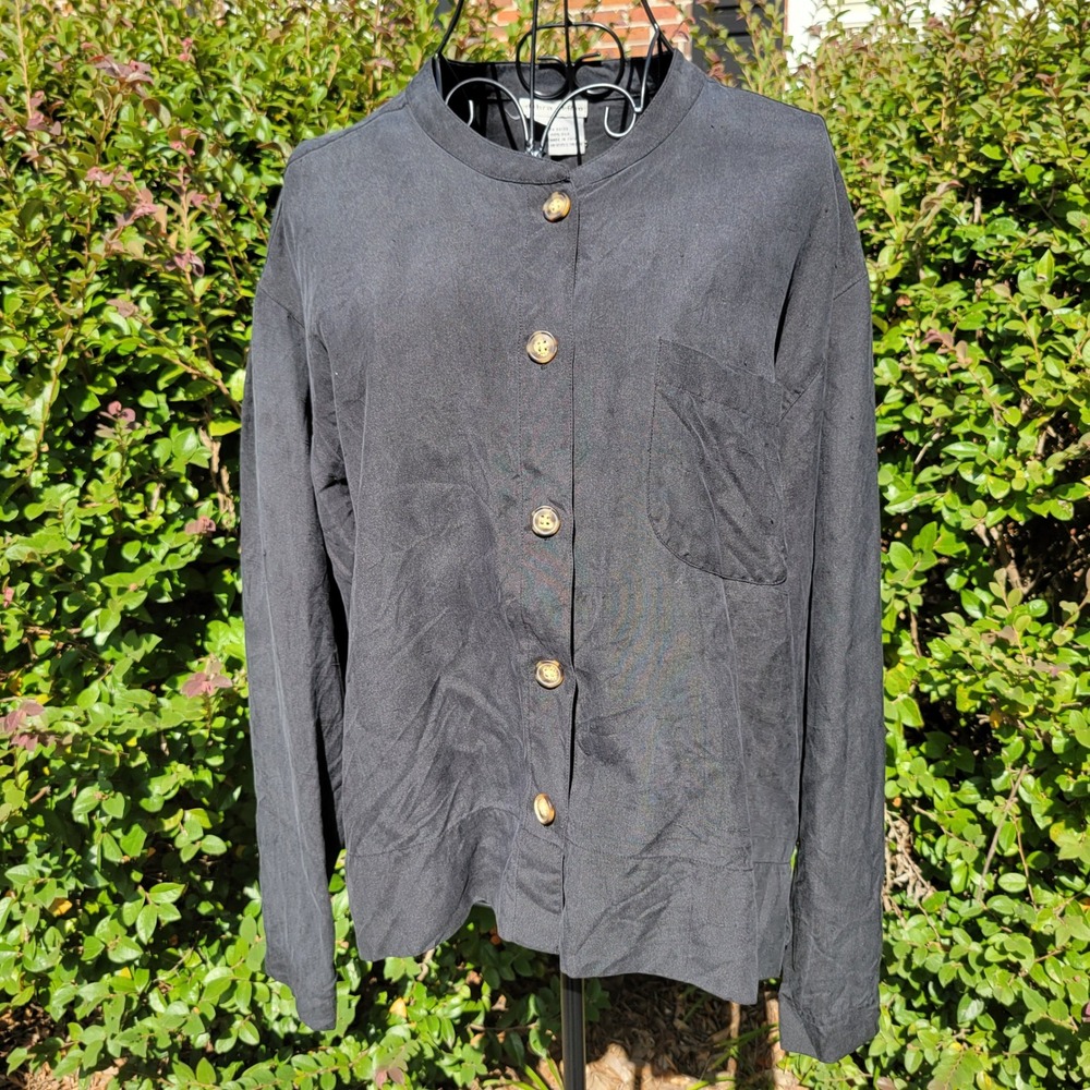 Debra DeRoo S Shirt Black 100% Raw Silk Button Front Band Collar Pocket Top Goth